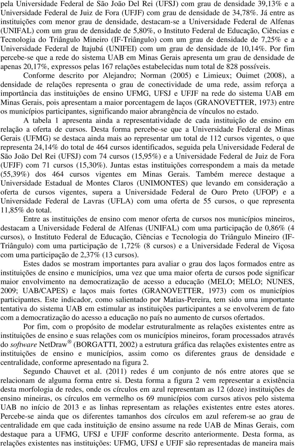 do Triângulo Mineiro (IF-Triângulo) com um grau de densidade de 7,25% e a Universidade Federal de Itajubá (UNIFEI) com um grau de densidade de 10,14%.