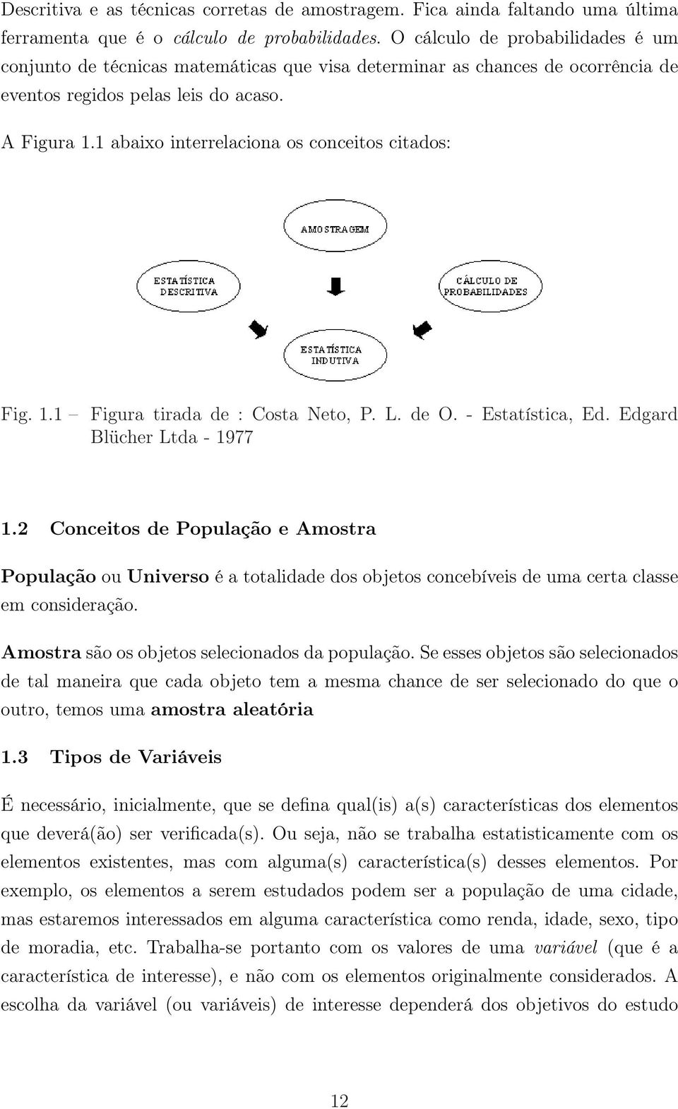 1 abaixo interrelaciona os conceitos citados: Fig. 1.1 Figura tirada de : Costa Neto, P. L. de O. - Estatística, Ed. Edgard Blücher Ltda - 1977 1.