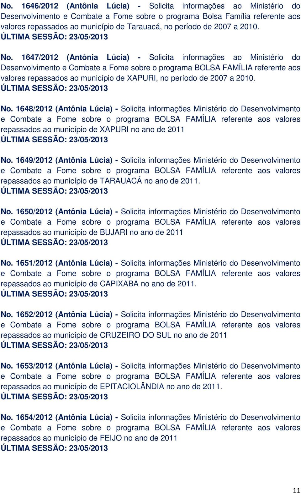 de 2007 a 2010. No. 1648/2012 (Antônia Lúcia) - Solicita informações Ministério do Desenvolvimento repassados ao município de XAPURI no ano de 2011 No.