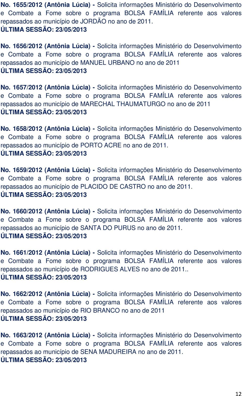 1657/2012 (Antônia Lúcia) - Solicita informações Ministério do Desenvolvimento repassados ao município de MARECHAL THAUMATURGO no ano de 2011 No.