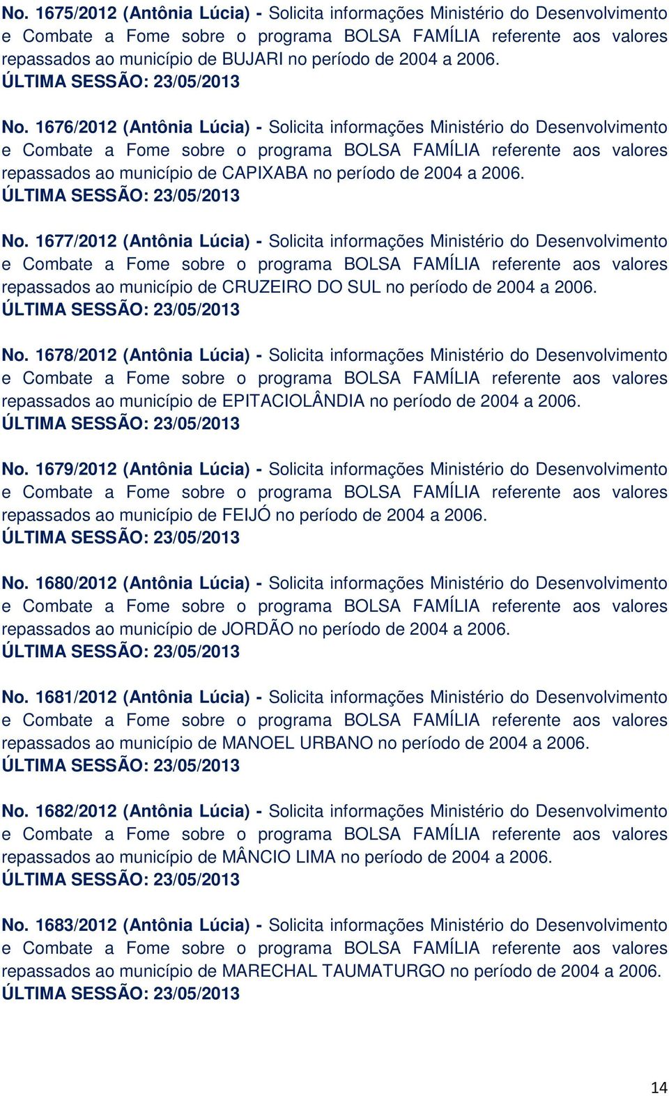 1677/2012 (Antônia Lúcia) - Solicita informações Ministério do Desenvolvimento repassados ao município de CRUZEIRO DO SUL no período de 2004 a 2006. No.