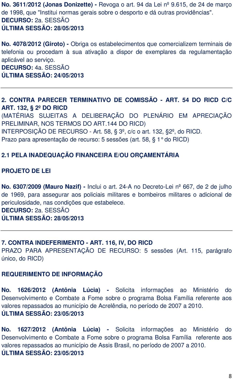 SESSÃO ÚLTIMA SESSÃO: 24/05/2013 2. CONTRA PARECER TERMINATIVO DE COMISSÃO - ART. 54 DO RICD C/C ART.