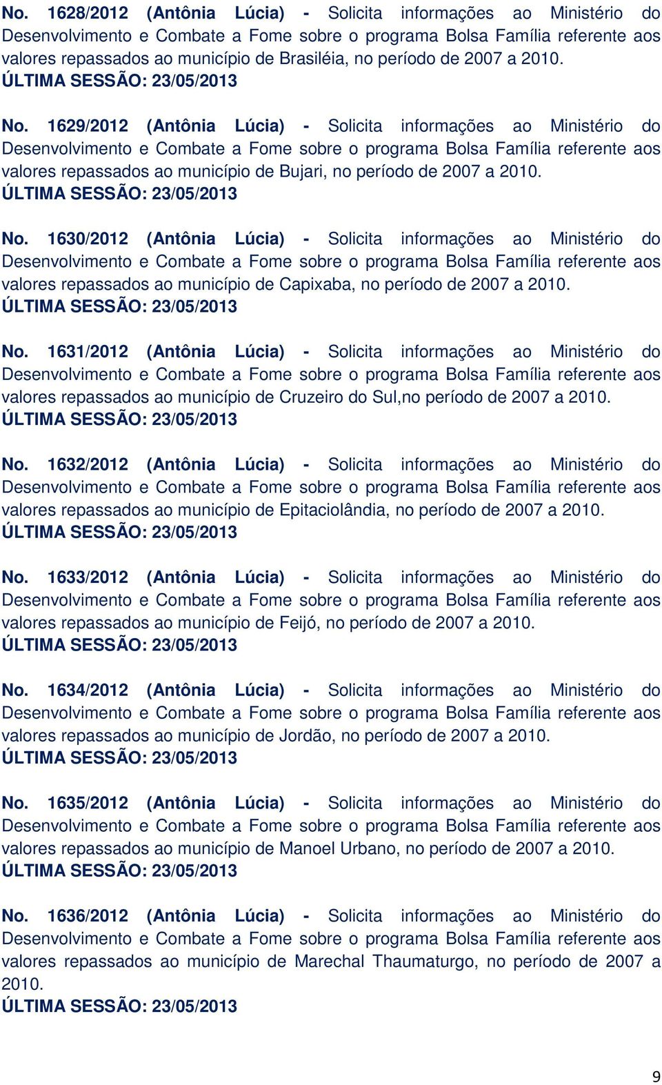 1630/2012 (Antônia Lúcia) - Solicita informações ao Ministério do valores repassados ao município de Capixaba, no período de 2007 a 2010. No.