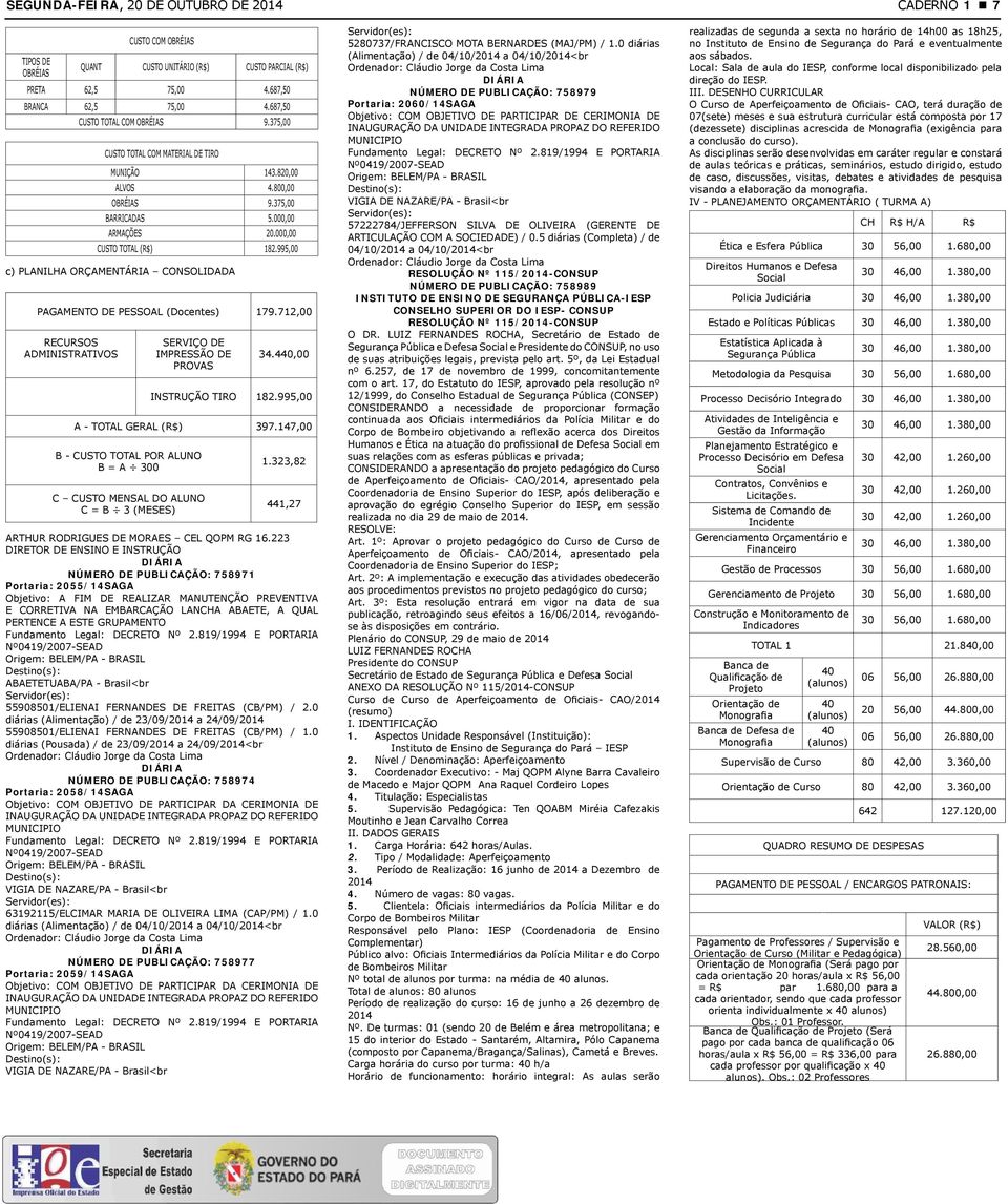 995,00 c) PLANILHA ORÇAMENTÁRIA CONSOLIDADA PAGAMENTO DE PESSOAL (Docentes) 179.712,00 RECURSOS ADMINISTRATIVOS SERVIÇO DE IMPRESSÃO DE PROVAS 34.440,00 INSTRUÇÃO TIRO 182.