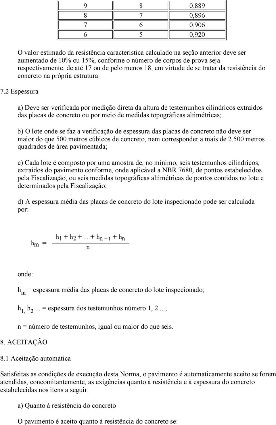 2 Espessura 9 8 0,889 8 7 0,896 7 6 0,906 6 5 0,920 a) Deve ser verificada por medição direta da altura de testemunhos cilíndricos extraídos das placas de concreto ou por meio de medidas topográficas