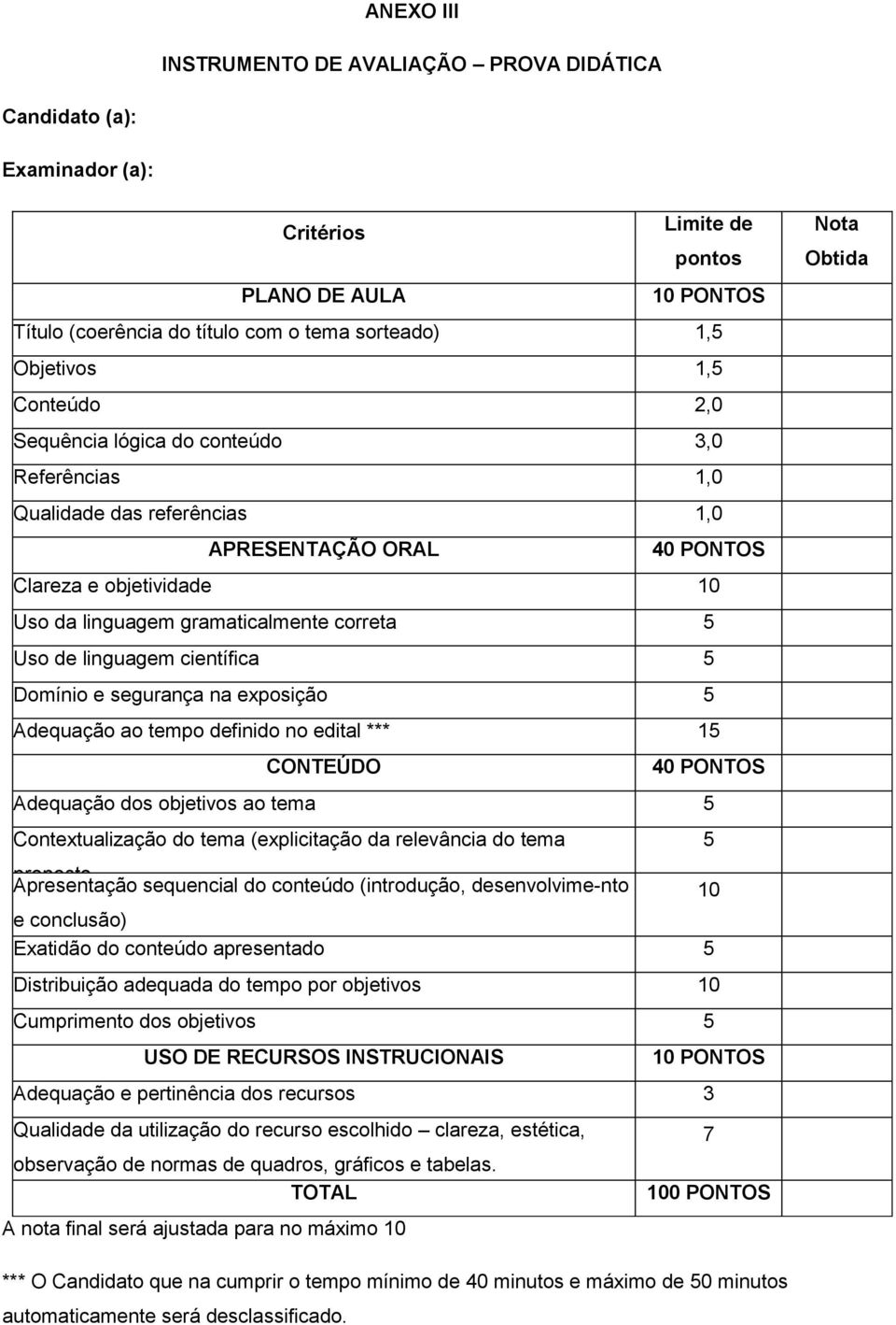 linguagem científica 5 Domínio e segurança na exposição 5 Adequação ao tempo definido no edital *** 15 CONTEÚDO 40 PONTOS Adequação dos objetivos ao tema 5 Contextualização do tema (explicitação da