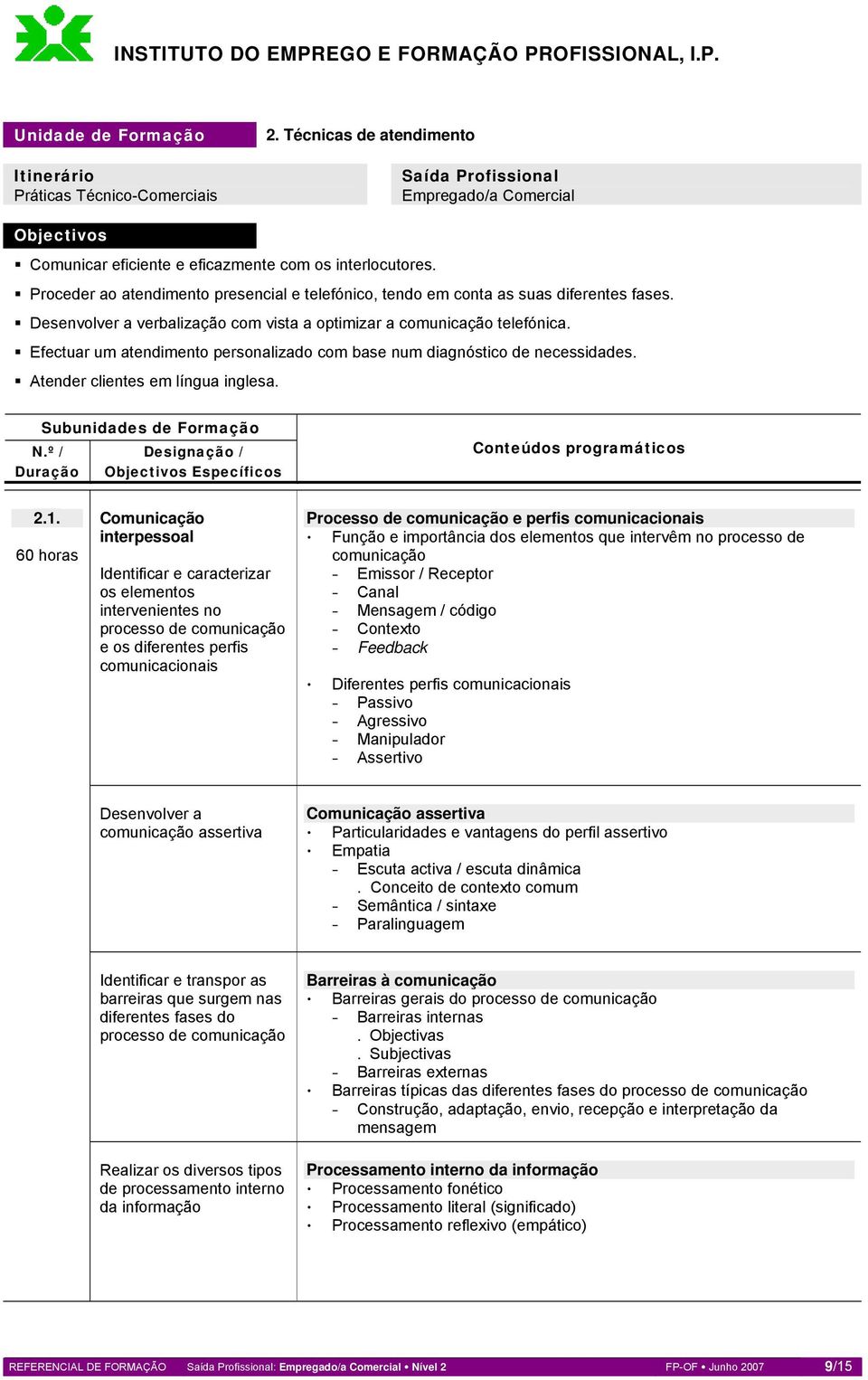 Efectuar um atendimento personalizado com base num diagnóstico de necessidades. Atender clientes em língua inglesa. 2.1.