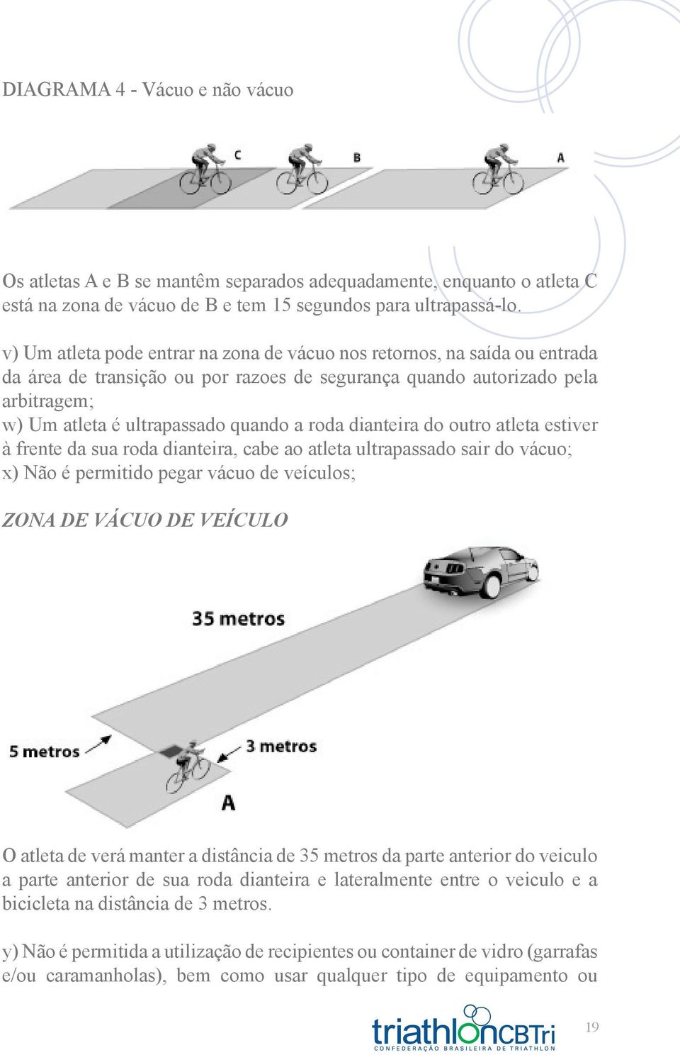 roda dianteira do outro atleta estiver à frente da sua roda dianteira, cabe ao atleta ultrapassado sair do vácuo; x) Não é permitido pegar vácuo de veículos; ZONA DE VÁCUO DE VEÍCULO O atleta de verá