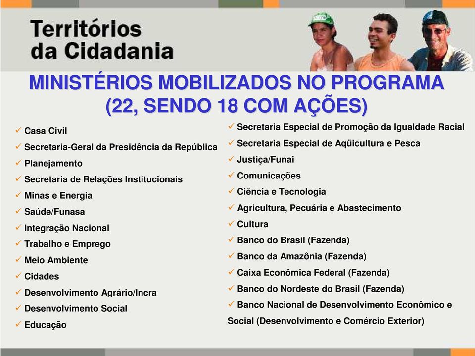 e Abastecimento Integração Nacional Cultura Trabalho e Emprego Banco do Brasil (Fazenda) Meio Ambiente Banco da Amazônia (Fazenda) Cidades Caixa Econômica Federal (Fazenda)