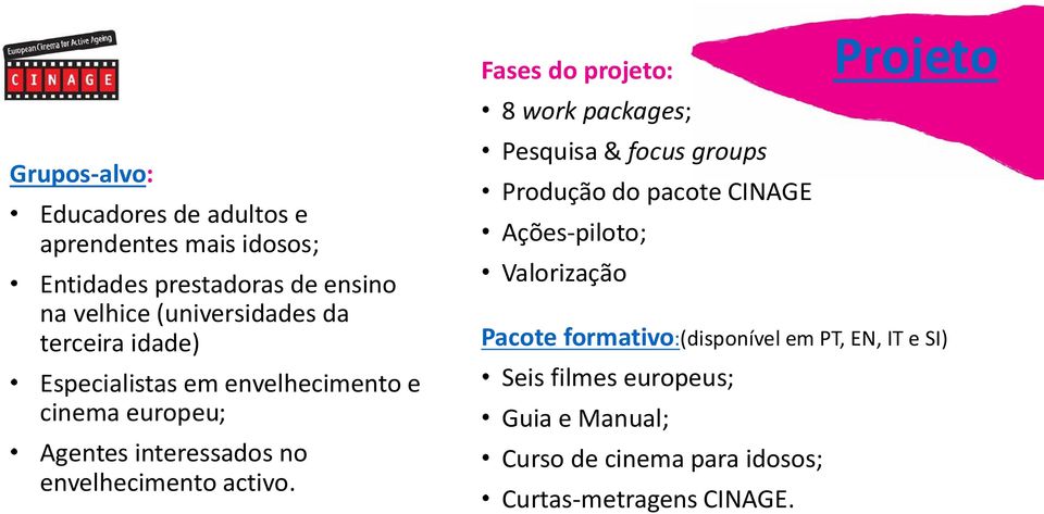 Fases do projeto: 8 work packages; Pesquisa & focus groups Produção do pacote CINAGE Ações-piloto; Valorização Projeto