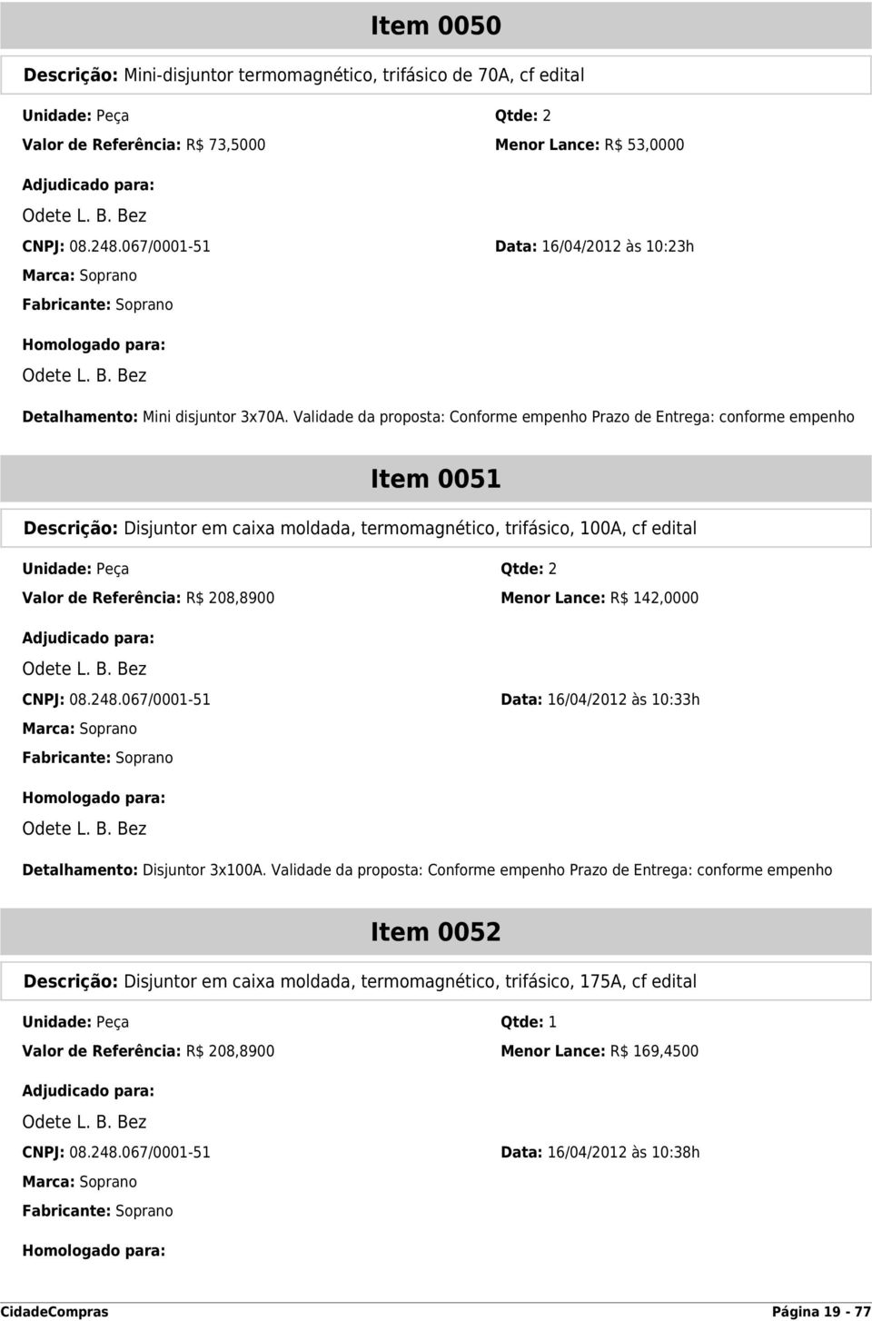 Validade da proposta: Conforme empenho Prazo de Entrega: conforme empenho Item 0051 Descrição: Disjuntor em caixa moldada, termomagnético, trifásico, 100A, cf edital Unidade: Peça Qtde: 2 Valor de