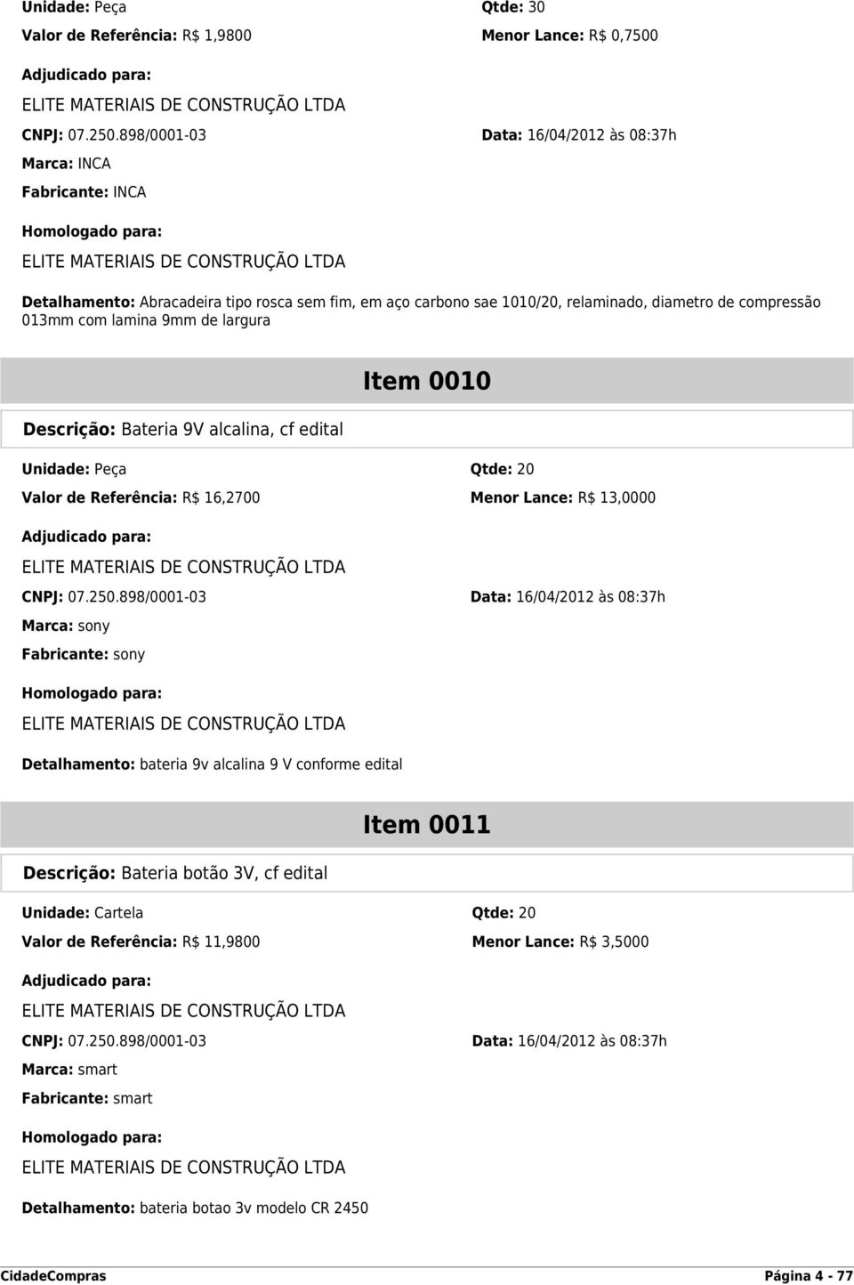 de largura Item 0010 Descrição: Bateria 9V alcalina, cf edital Unidade: Peça Qtde: 20 Valor de Referência: R$ 16,2700 Menor Lance: R$ 13,0000 CNPJ: 07.250.