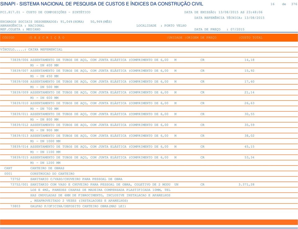 (COMPRIMENTO DE 6,00 M CR 21,14 M) - DN 600 MM 73839/010 ASSENTAMENTO DE TUBOS DE AÇO, COM JUNTA ELÁSTICA (COMPRIMENTO DE 6,00 M CR 26,63 M) - DN 700 MM 73839/011 ASSENTAMENTO DE TUBOS DE AÇO, COM