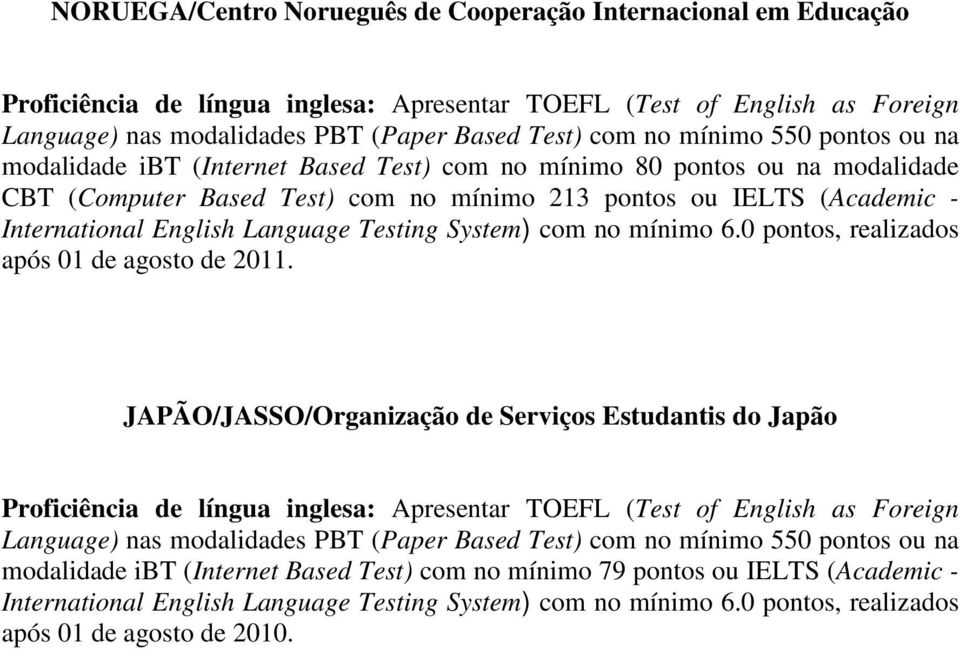 Language Testing System) com no mínimo 6.0 pontos, realizados após 01 de agosto de 2011.