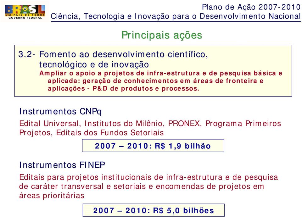 geração de conhecimentos em áreas de fronteira e aplicações - P&D de produtos e processos.