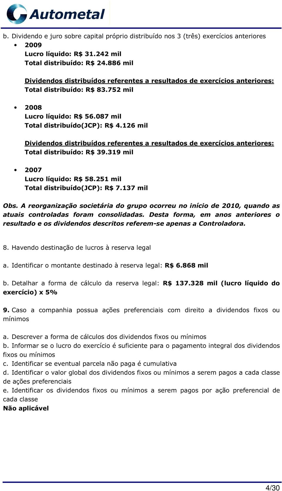 126 mil Dividendos distribuídos referentes a resultados de exercícios anteriores: Total distribuído: R$ 39.319 mil 2007 Lucro líquido: R$ 58.251 mil Total distribuído(jcp): R$ 7.137 mil Obs.