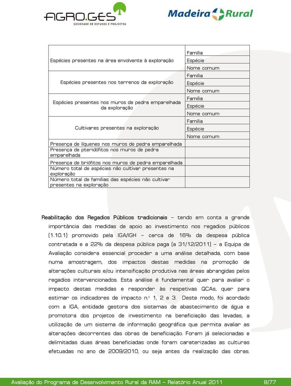 presentes na exploração Número total de famílias das espécies não cultivar presentes na exploração Família Espécie Nome comum Família Espécie Nome comum Família Espécie Nome comum Família Espécie