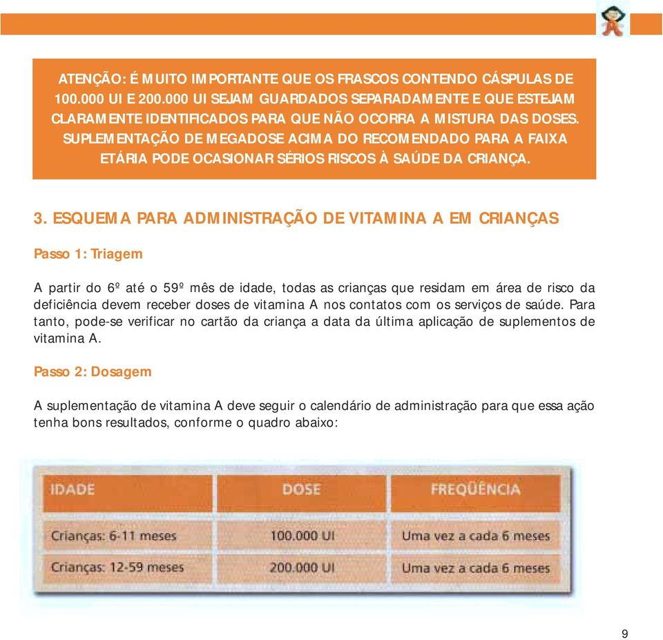 ESQUEMA PARA ADMINISTRAÇÃO DE VITAMINA A EM CRIANÇAS Passo 1: Triagem A partir do 6º até o 59º mês de idade, todas as crianças que residam em área de risco da deficiência devem receber doses de