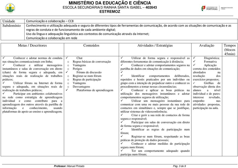 Temps (blcs Cnhecer e adtar nrmas de cnduta nas situações cmunicacinais em linha; Cnhecer e utilizar mensageirs instantânes e salas de cnversaçã em diret (chats) de frma segura e adequada, em