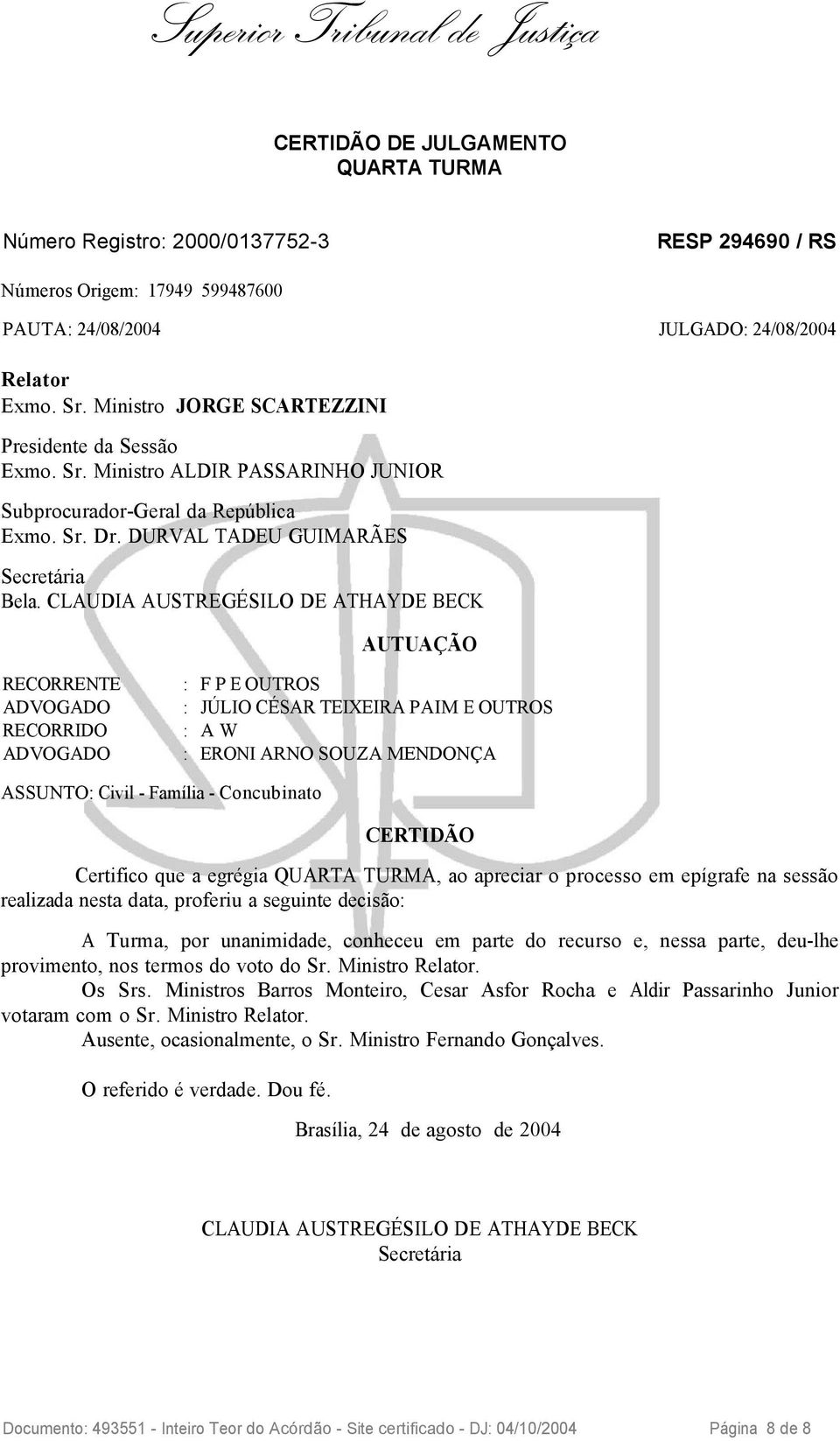 CLAUDIA AUSTREGÉSILO DE ATHAYDE BECK AUTUAÇÃO RECORRENTE : F P E OUTROS ADVOGADO : JÚLIO CÉSAR TEIXEIRA PAIM E OUTROS RECORRIDO : A W ADVOGADO : ERONI ARNO SOUZA MENDONÇA ASSUNTO: Civil - Família -