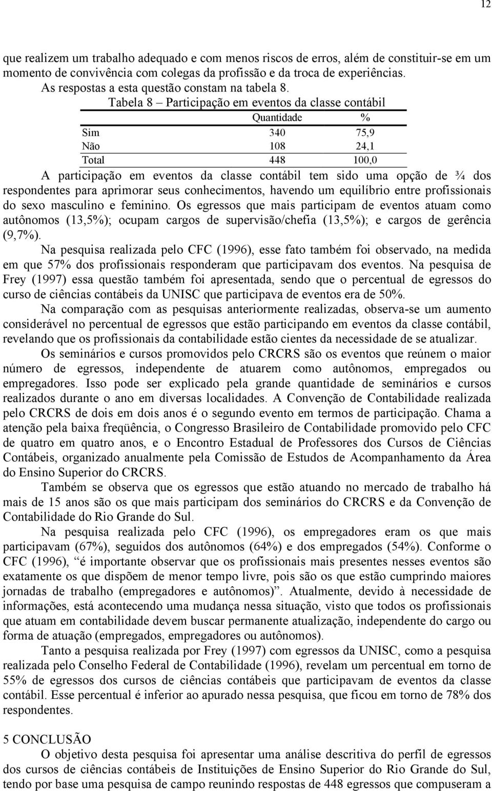 Tabela 8 Participação em eventos da classe contábil Quantidade % Sim 340 75,9 Não 108 24,1 Total 448 100,0 A participação em eventos da classe contábil tem sido uma opção de ¾ dos respondentes para