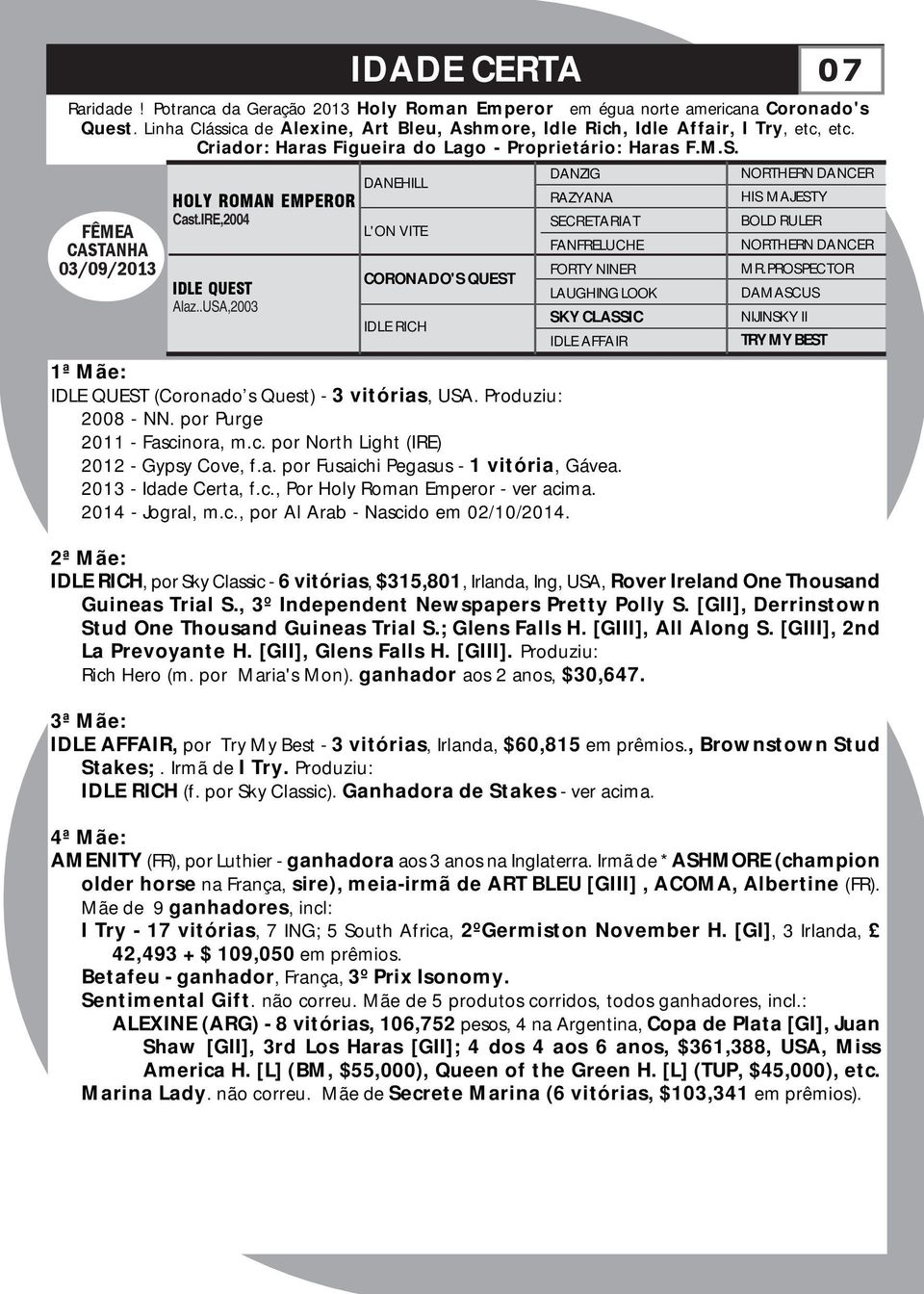 .USA,2003 DANEHILL L'ON VITE CORONADO'S QUEST IDLE RICH RAZYANA SECRETARIAT FANFRELUCHE FORTY NINER LAUGHING LOOK SKY CLASSIC IDLE AFFAIR 1ª Mãe: IDLE QUEST (Coronado s Quest) - 3 vitórias, USA.