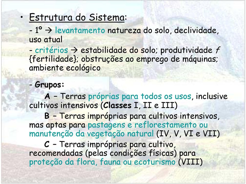 intensivos (Classes I, II e III) B Terras impróprias para cultivos intensivos, mas aptas para pastagens e reflorestamento ou manutenção da