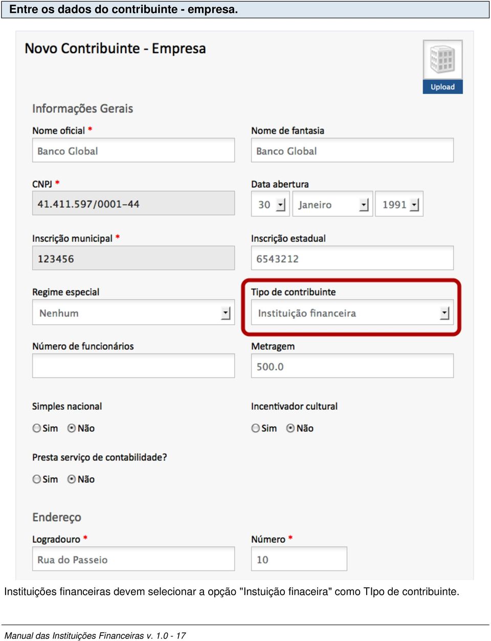 opção "Instuição finaceira" como TIpo de