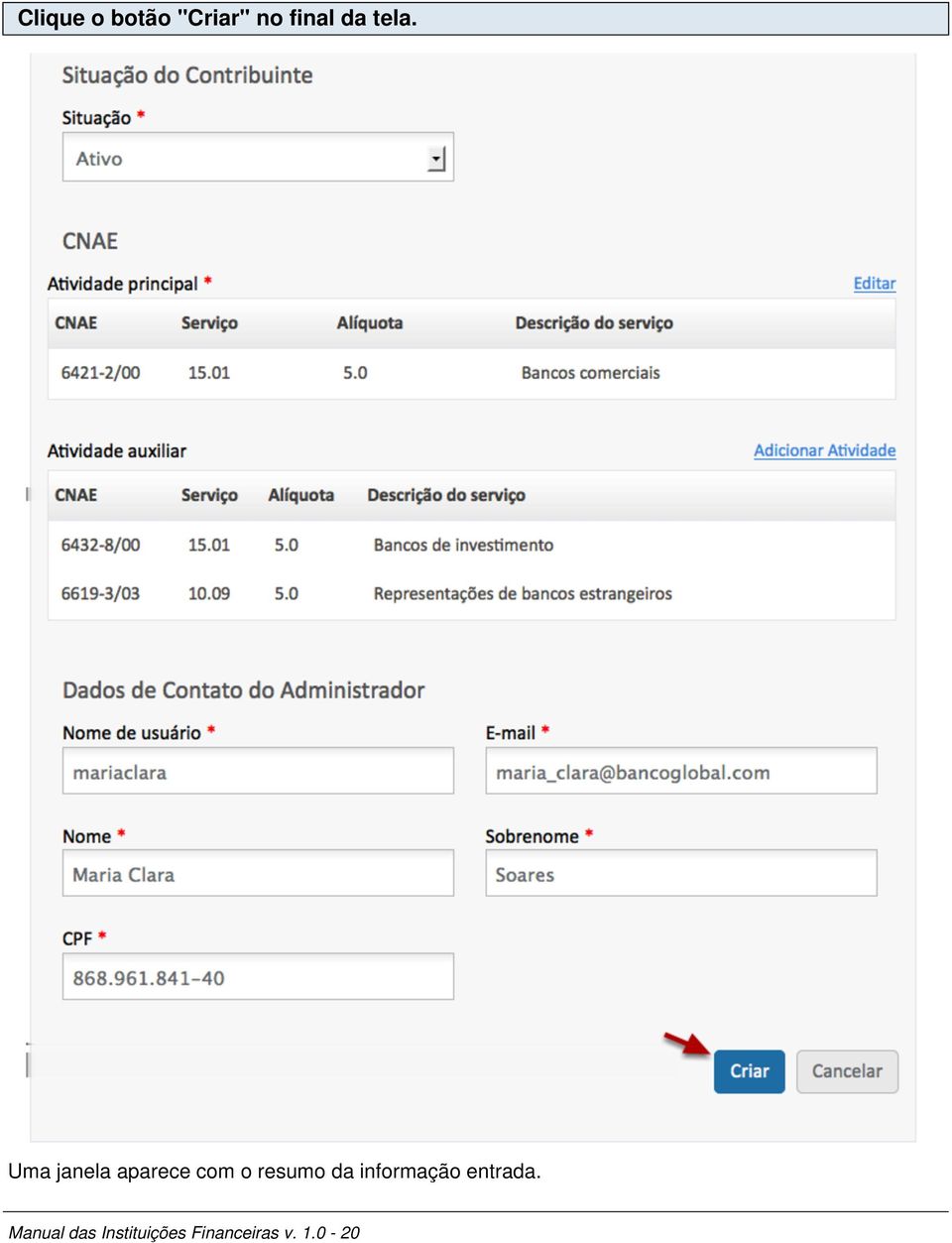 resumo da informação entrada.