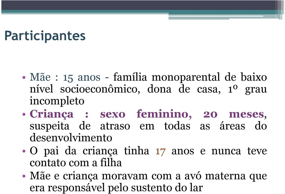 todas as áreas do desenvolvimento O pai da criança tinha 17 anos e nunca teve contato