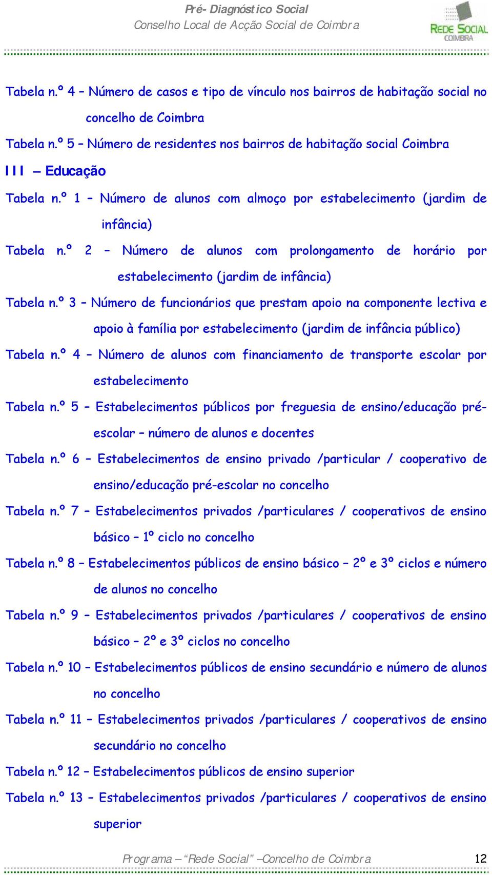 º 3 Número de funcionários que prestam apoio na componente lectiva e apoio à família por estabelecimento (jardim de infância público) Tabela n.