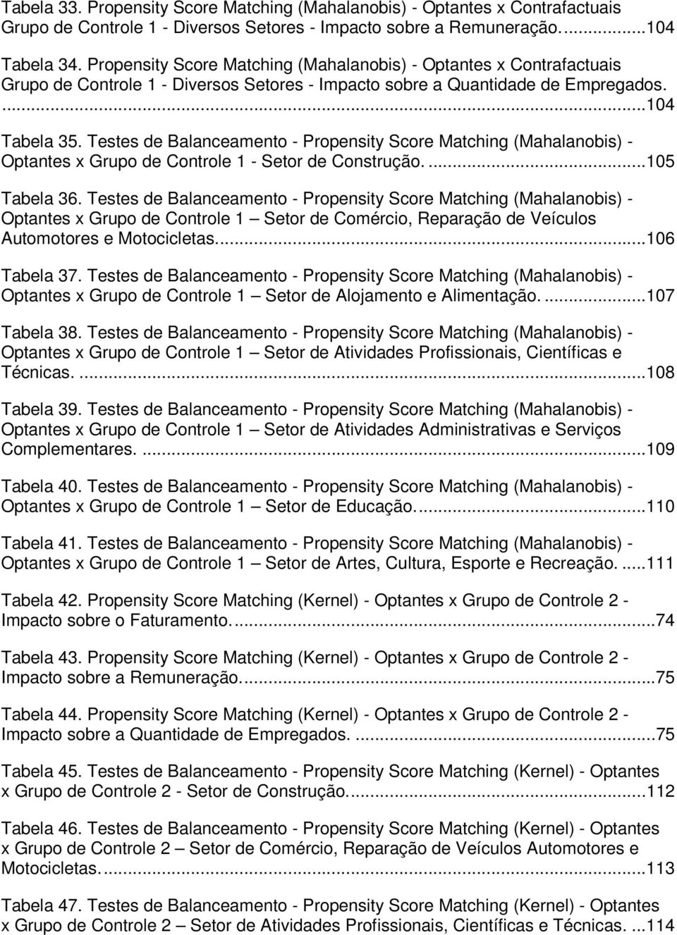 Testes de Balanceamento - Propensity Score Matching (Mahalanobis) - Optantes x Grupo de Controle 1 - Setor de Construção....105 Tabela 36.