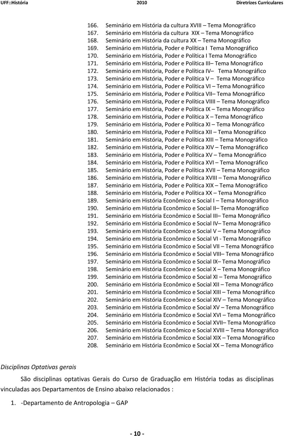 Seminário em História, Poder e Política IV Tema Monográfico 173. Seminário em História, Poder e Política V Tema Monográfico 174. Seminário em História, Poder e Política VI Tema Monográfico 175.