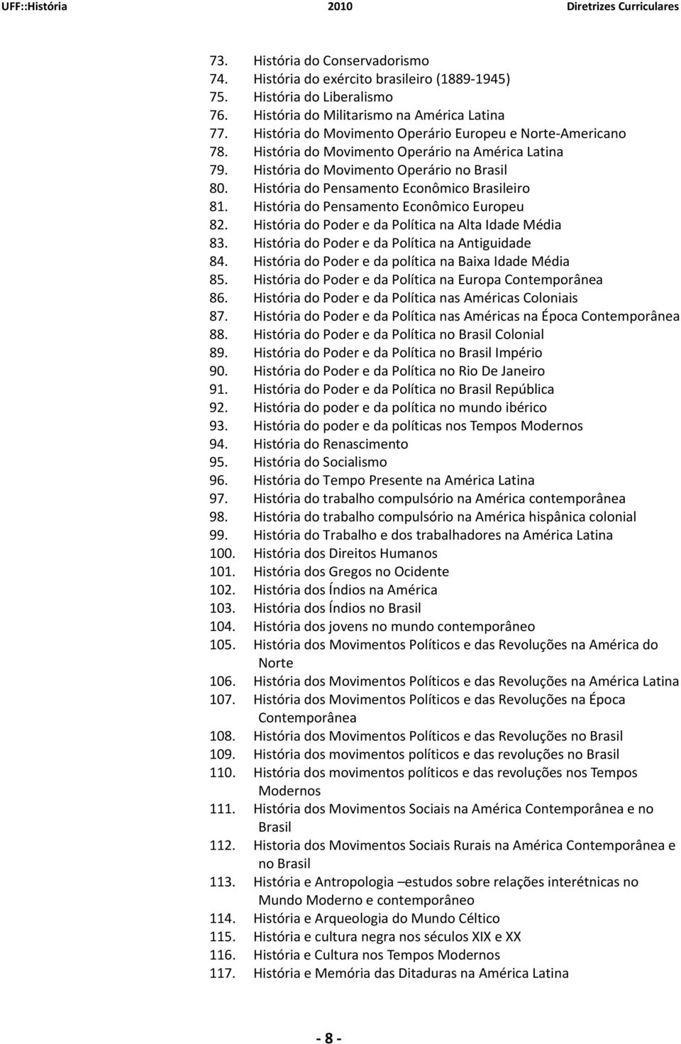 História do Pensamento Econômico Brasileiro 81. História do Pensamento Econômico Europeu 82. História do Poder e da Política na Alta Idade Média 83. História do Poder e da Política na Antiguidade 84.