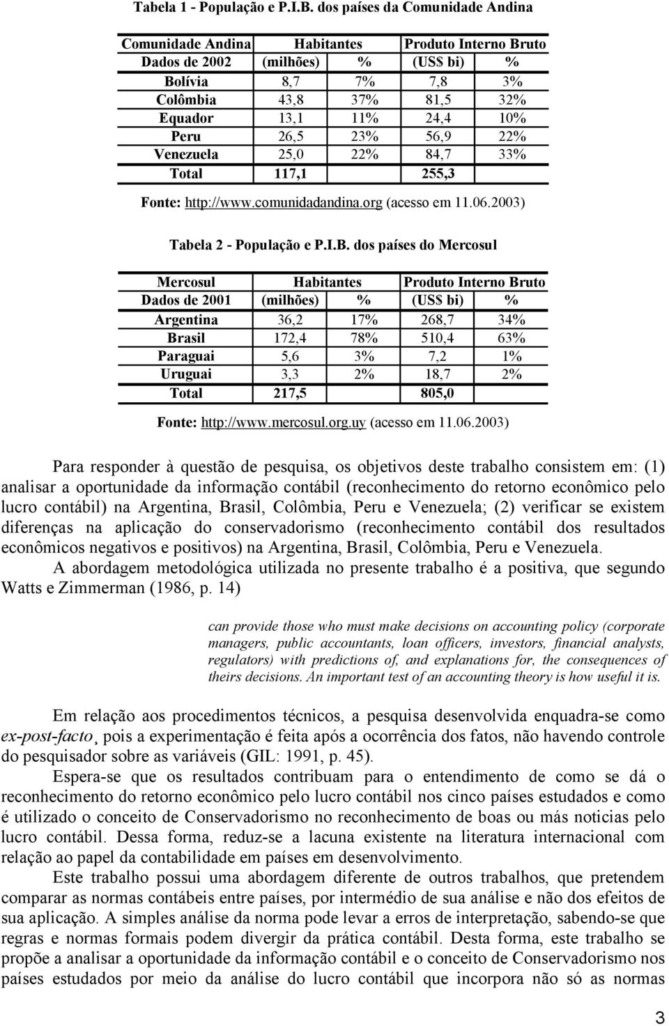 26,5 23% 56,9 22% Venezuela 25,0 22% 84,7 33% Total 117,1 255,3 Fonte: http://www.comunidadandina.org (acesso em 11.06.2003) Tabela 2 - População e P.I.B.