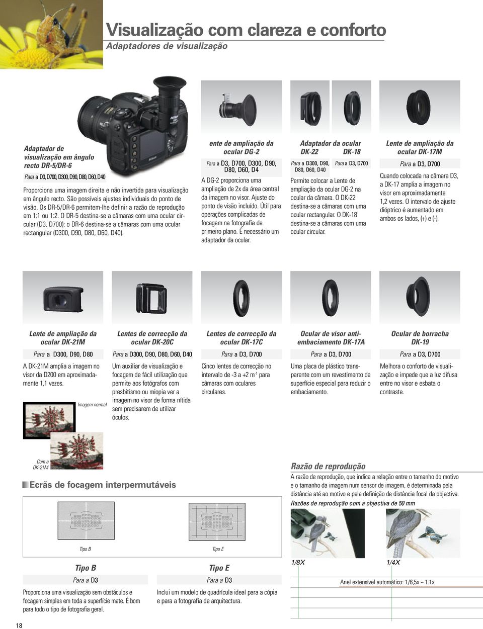 O DR-5 destina-se a câmaras com uma ocular circular (D3, D700); o DR-6 destina-se a câmaras com uma ocular rectangular (D300, D90, D80, D60, D40).