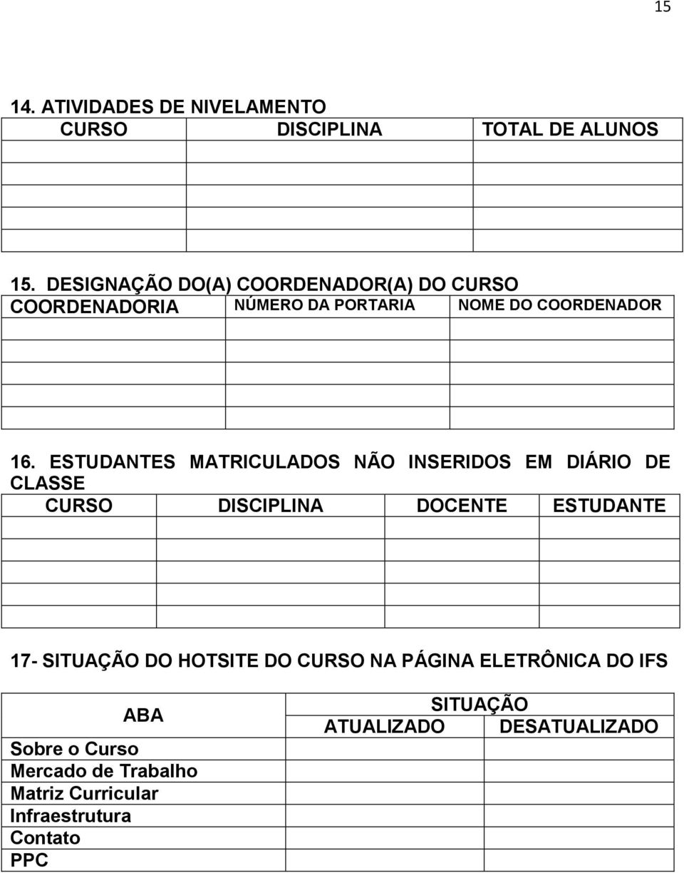 ESTUDANTES MATRICULADOS NÃO INSERIDOS EM DIÁRIO DE CLASSE DISCIPLINA DOCENTE ESTUDANTE 17- SITUAÇÃO DO