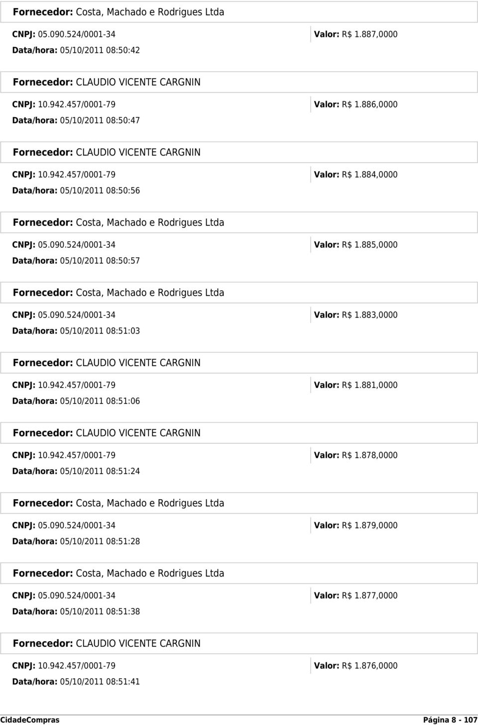 881,0000 Data/hora: 05/10/2011 08:51:06 CNPJ: 10.942.457/0001-79 Valor: R$ 1.878,0000 Data/hora: 05/10/2011 08:51:24 CNPJ: 05.090.524/0001-34 Valor: R$ 1.