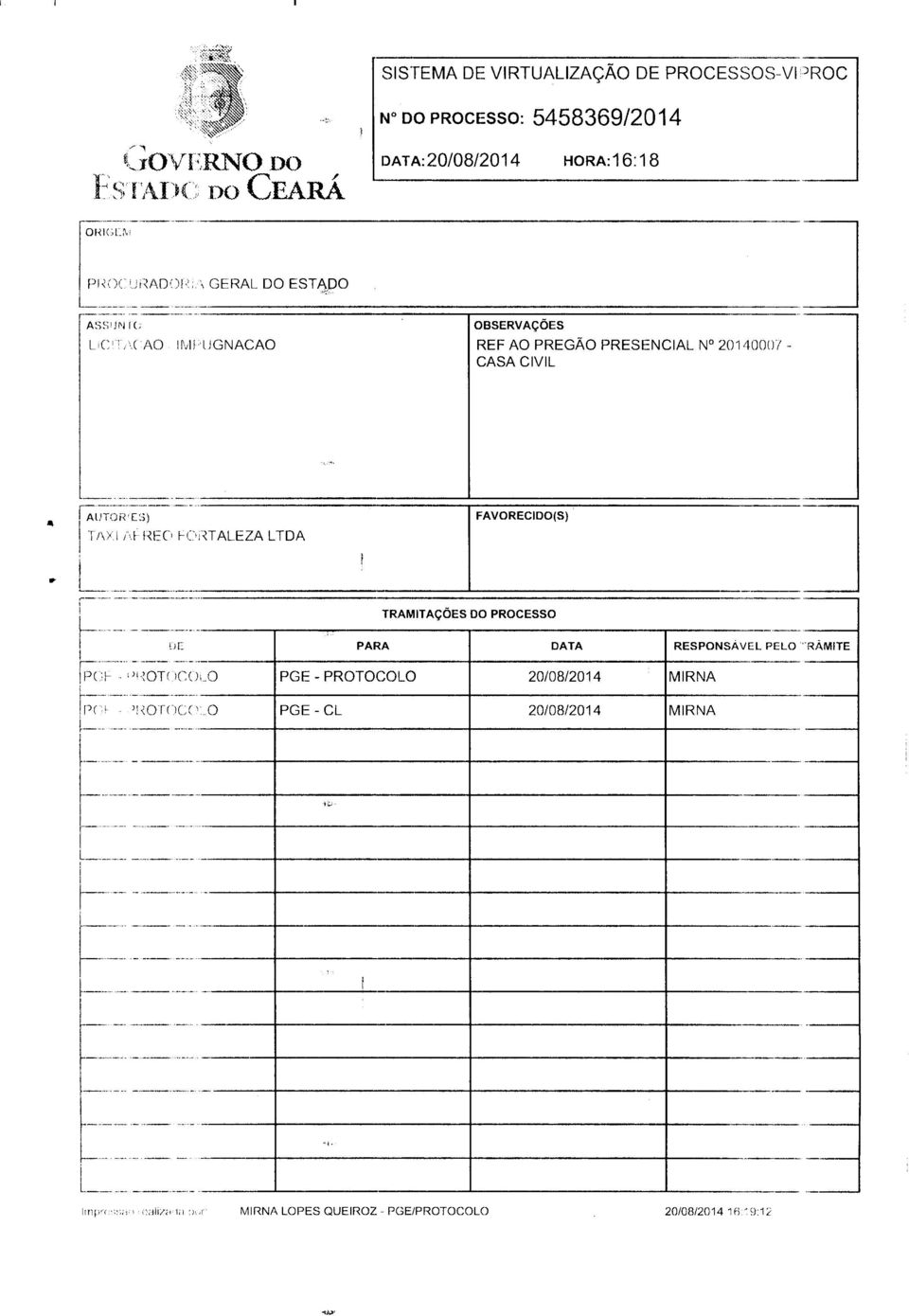 FAVORECIDO(S) TAXI ALREO FORTALEZA LTDA TRAMITAÇÕES DO PROCESSO DE PARA DATA RESPONSÁVEL PELO RÂMITE PGh "ROTOCOlO PGE- PROTOCOLO