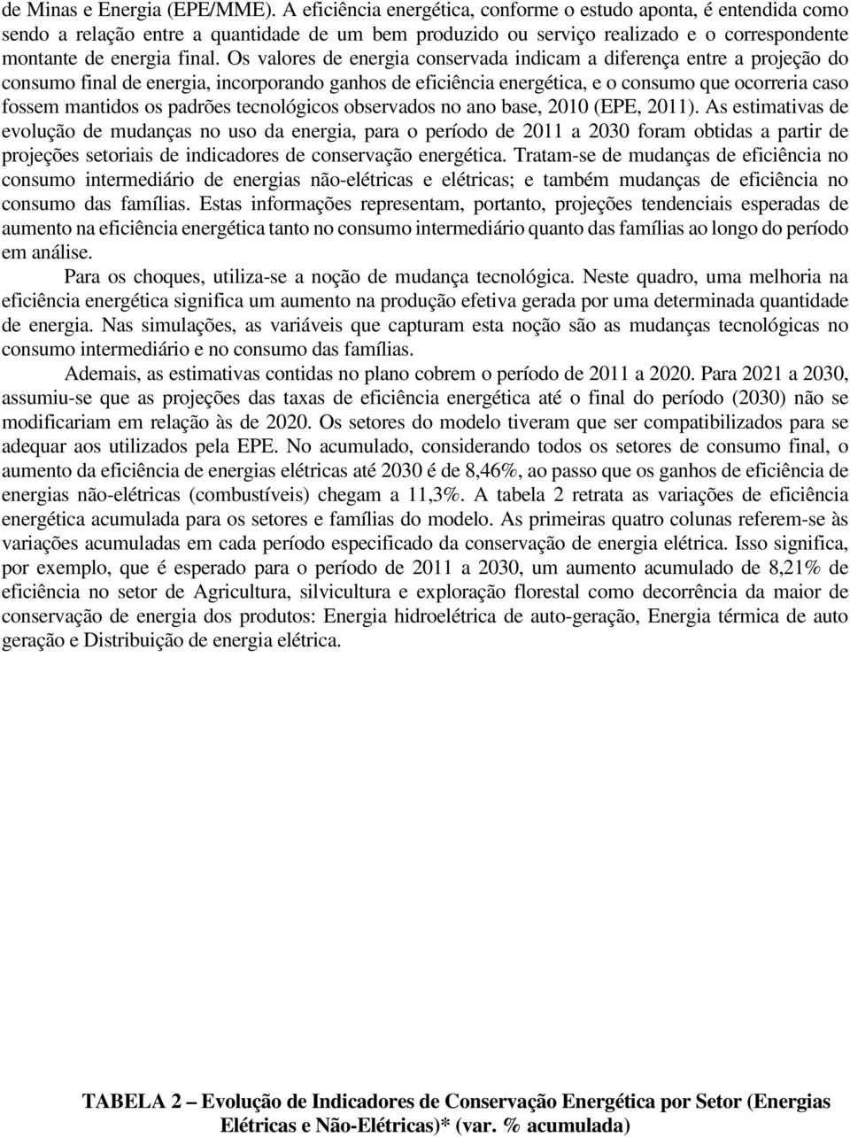 Os valores de energia conservada indicam a diferença entre a projeção do consumo final de energia, incorporando ganhos de eficiência energética, e o consumo que ocorreria caso fossem mantidos os