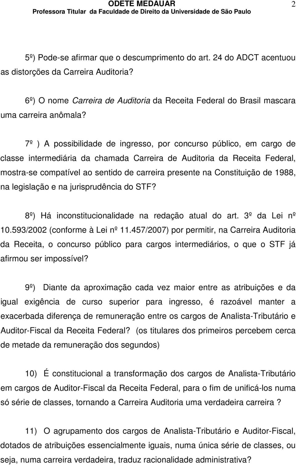 Constituição de 1988, na legislação e na jurisprudência do STF? 8º) Há inconstitucionalidade na redação atual do art. 3º da Lei nº 10.593/2002 (conforme à Lei nº 11.