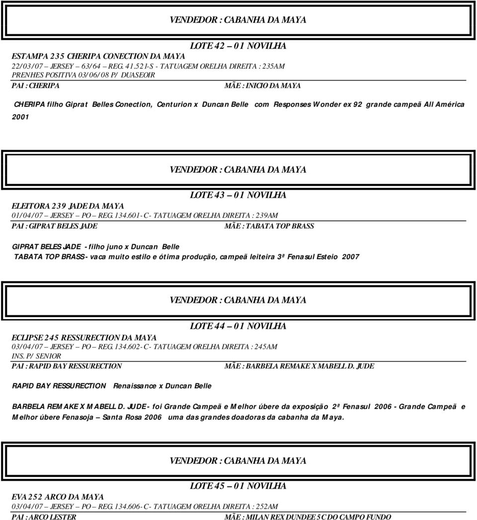 ex 92 grande campeã All América 2001 VENDEDOR : CABANHA DA MAYA LOTE 43 01 NOVILHA ELEITORA 239 JADE DA MAYA 01/04/07 JERSEY PO REG. 134.