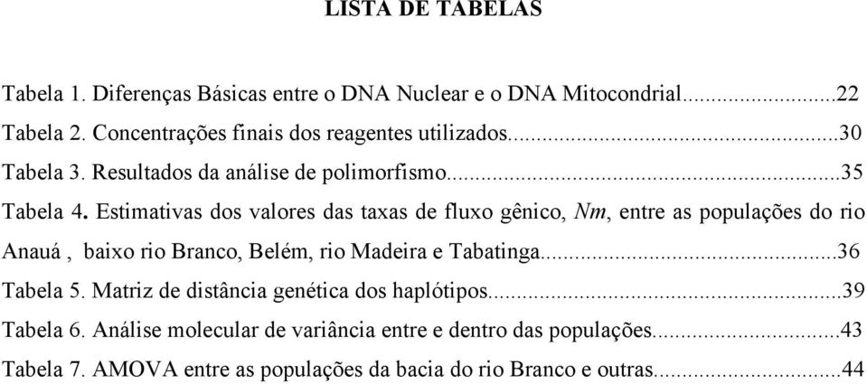 Estimativas dos valores das taxas de fluxo gênico, Nm, entre as populações do rio Anauá, baixo rio Branco, Belém, rio Madeira e Tabatinga.