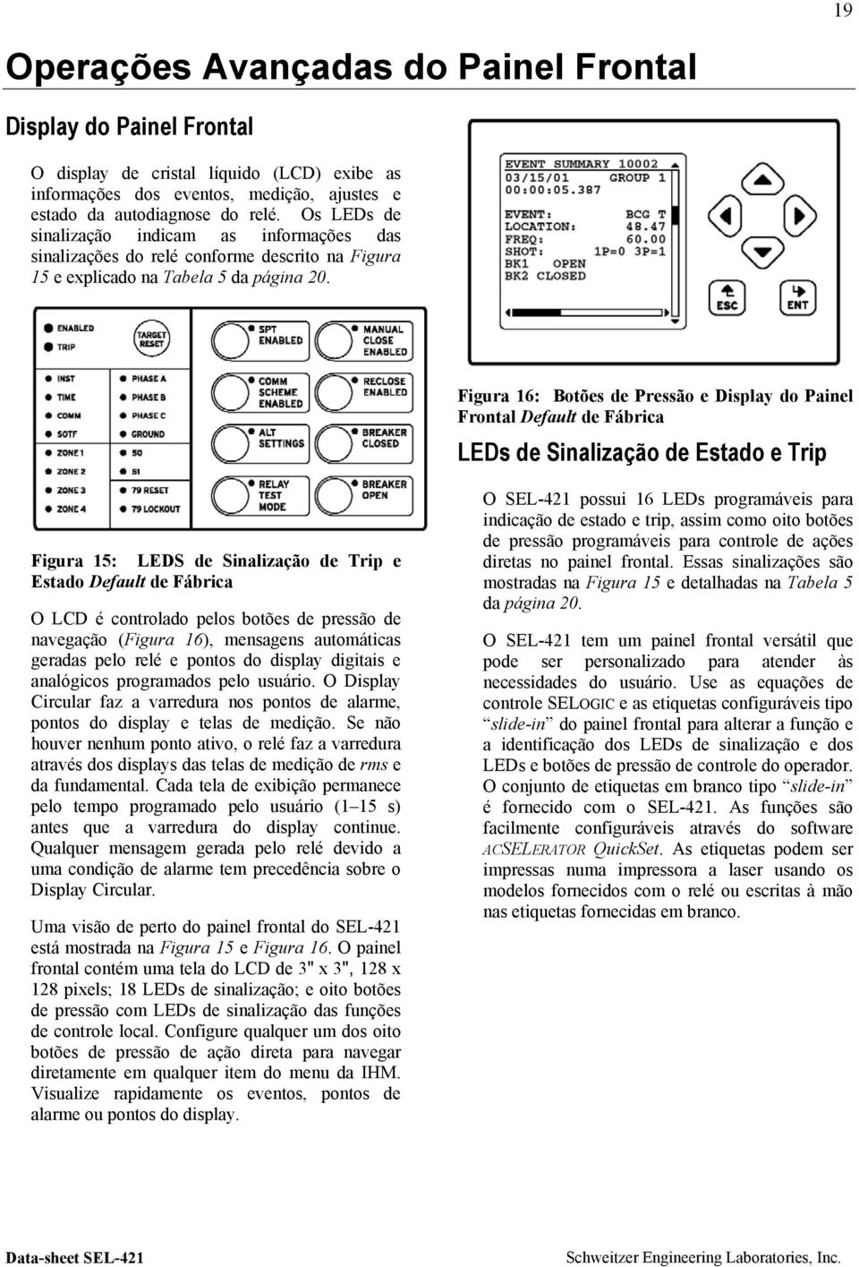 Figura 16: Botões de Pressão e Display do Painel Frontal Default de Fábrica LEDs de Sinalização de Estado e Trip Figura 15: LEDS de Sinalização de Trip e Estado Default de Fábrica O LCD é controlado