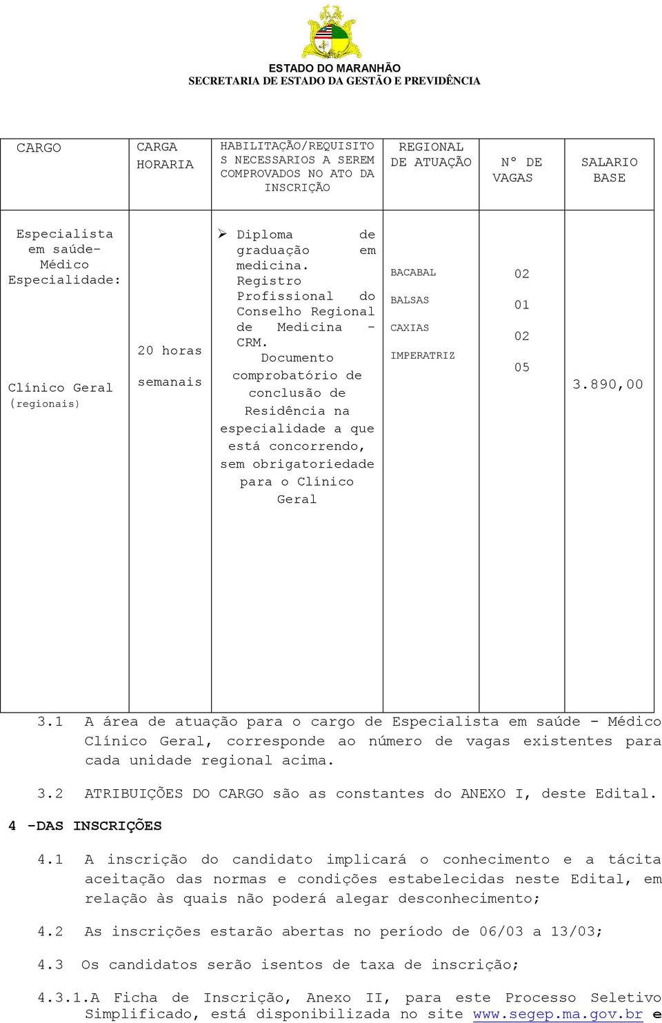 Documento comprobatório de conclusão de Residência na especialidade a que está concorrendo, sem obrigatoriedade para o Clínico Geral BACABAL BALSAS CAXIAS IMPERATRIZ 02 01 02 05 3.890,00 3.