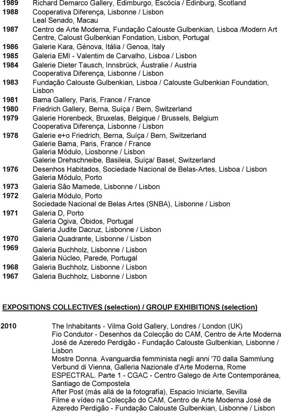 Tausch, Innsbrück, Áustralie / Austria Cooperativa Diferença, Lisbonne / Lisbon 1983 Fundação Calouste Gulbenkian, Lisboa / Calouste Gulbenkian Foundation, Lisbon 1981 Bama Gallery, Paris, France /