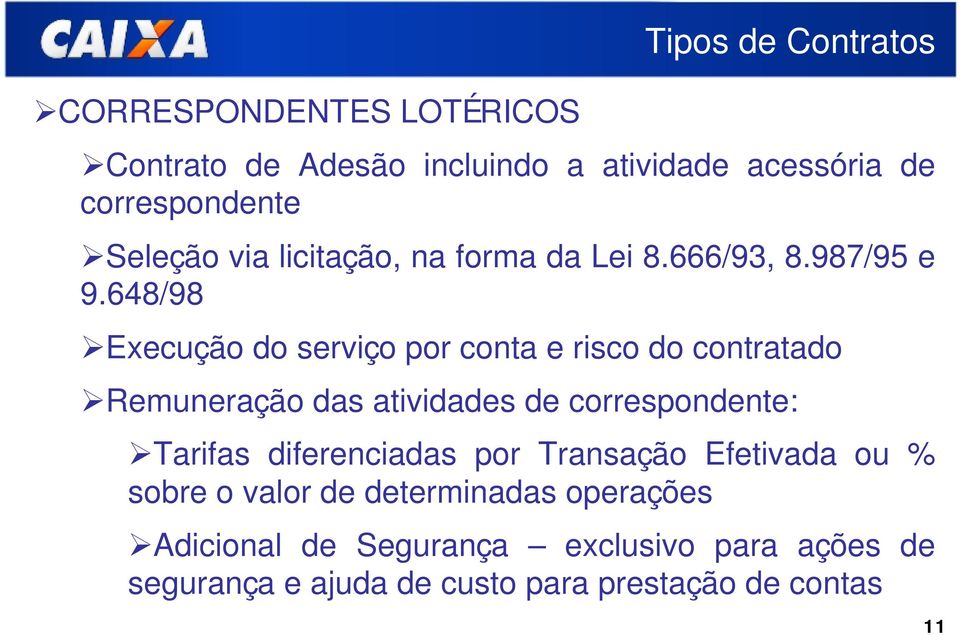 648/98 Execução do serviço por conta e risco do contratado Remuneração das atividades de correspondente: Tarifas