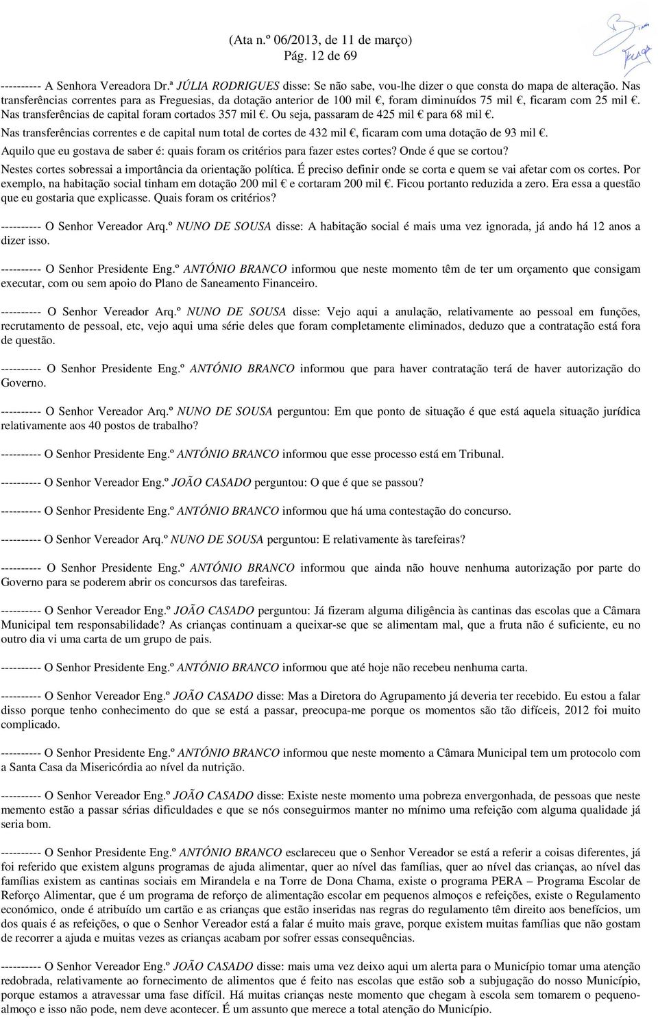 Ou seja, passaram de 425 mil para 68 mil. Nas transferências correntes e de capital num total de cortes de 432 mil, ficaram com uma dotação de 93 mil.