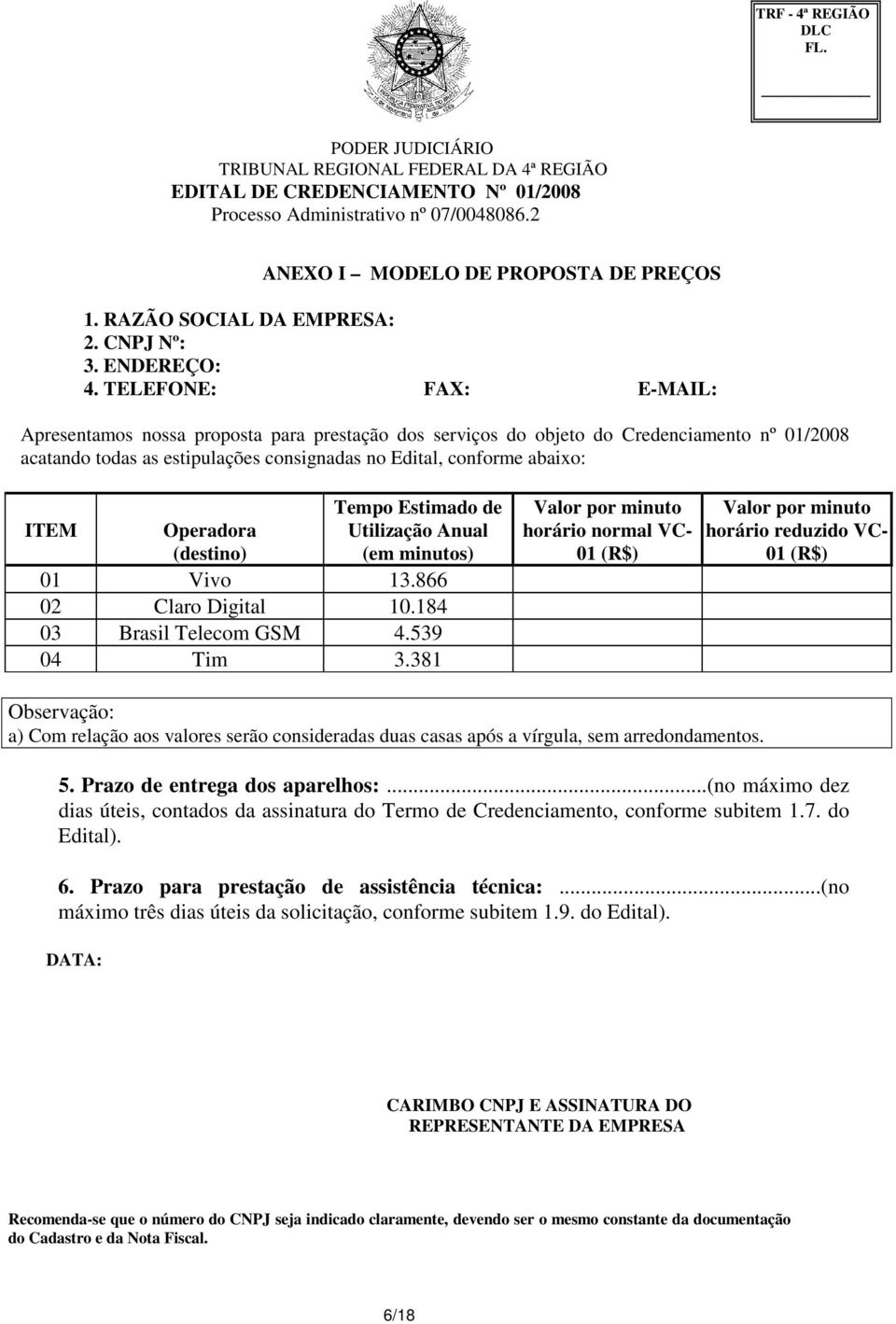 Operadora (destino) Tempo Estimado de Utilização Anual (em minutos) 01 Vivo 13.866 02 Claro Digital 10.184 03 Brasil Telecom GSM 4.539 04 Tim 3.