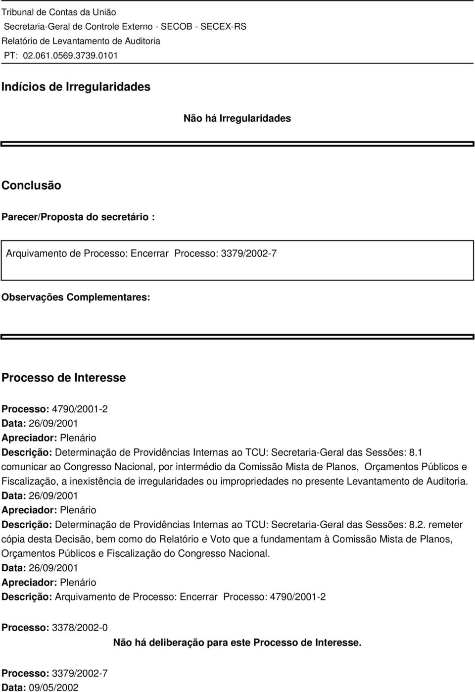 1 comunicar ao Congresso Nacional, por intermédio da Comissão Mista de Planos, Orçamentos Públicos e Fiscalização, a inexistência de irregularidades ou impropriedades no presente Levantamento de